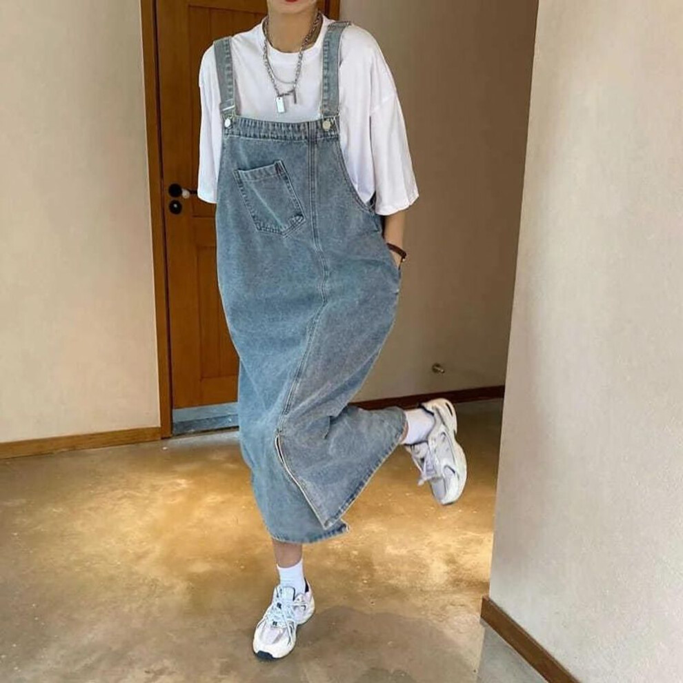 (as the picture, XL) Spring Summer Denim Overall Dress Women Sleeveless Jeans Dresses Fashion Female Solid Slip Casual Loose Spaghetti Strap Dresses