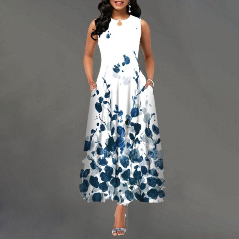 (blue, XXL) Flower Print Casual Sleeveless Long Dress Women&apos;s V-Neck Printed Dress Swing Bohemian Retro Dresses