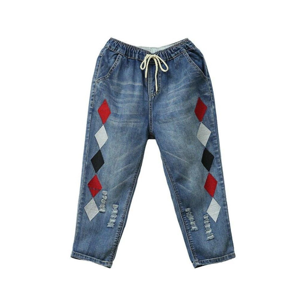 (blue, M) Ladies Embroidery Jeans Womens Fashion Vintage Ripped Denim Trousers Loose Holes Elastic Harem Pants
