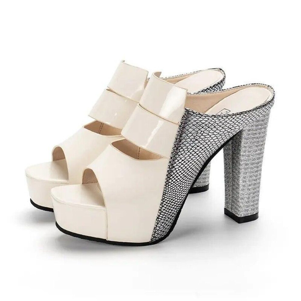 (beige, 39) Women Shoes Summer Slippers High-heeled Fashion Waterproof Platform Sandals Female Thick Heel Peep Toe Non-slip Slides