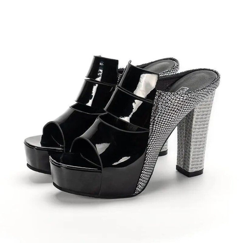 (black, 38) Women Shoes Summer Slippers High-heeled Fashion Waterproof Platform Sandals Female Thick Heel Peep Toe Non-slip Slides