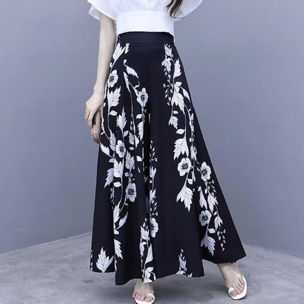 (black, XXL) Women Pants Long Contrast Color Baggy Flower Print High Waist Summer Pants Skirt