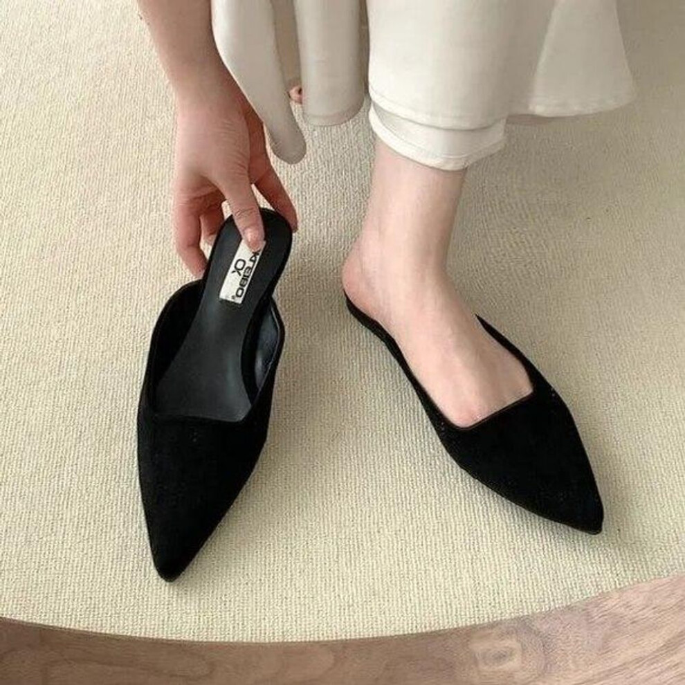(black, 35) Women Slippers Pointed Toe Leopard Design Shallow Slip On Thin Low Heels Black Flock Design Casual Mules Loafers Black Outdoor