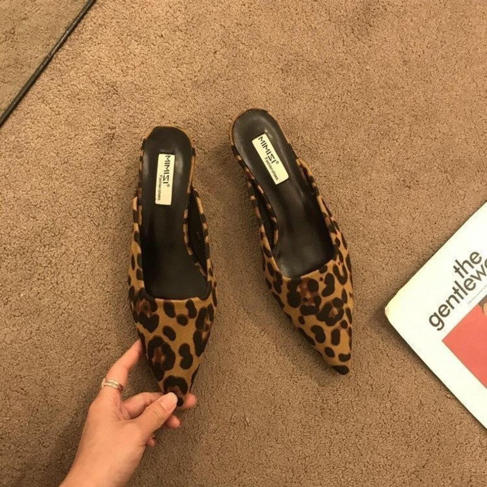 (leopard print, 37) Women Slippers Pointed Toe Leopard Design Shallow Slip on Thin Low Heels Black Flock Design Casual Mules Loafers Black Outdoor