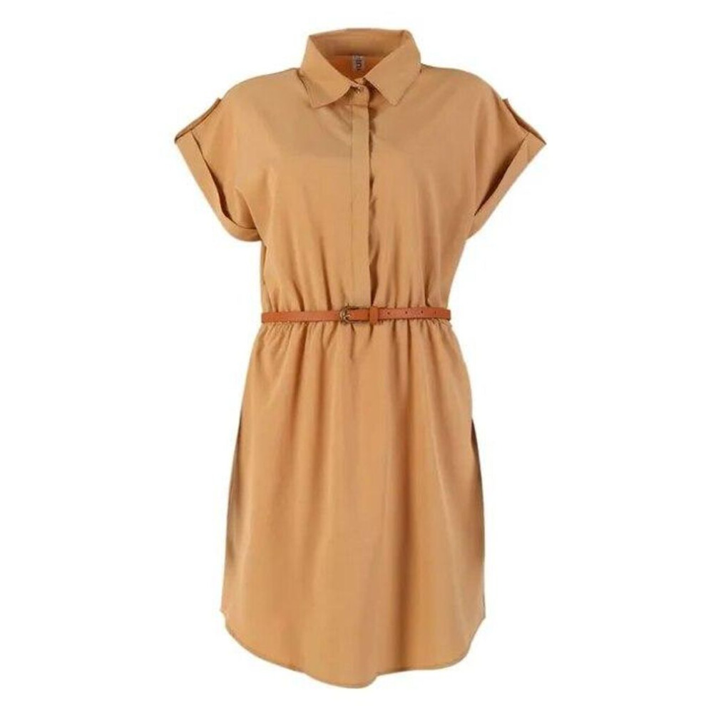 (khaki, XXL) Women Dress A-Line Chiffon Casual Fashion Short Sleeve OL Dress with Belt Dresses