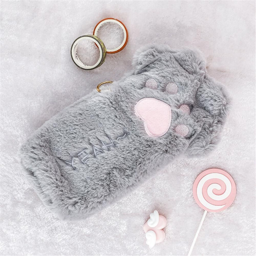 (grey) Fashion Cute Cat Paw Pencil Bag Kawaii Stationery Holder Bag Large Capacity Pen Case Makeup Pouch Soft Plush Cosmetic Storage Bag