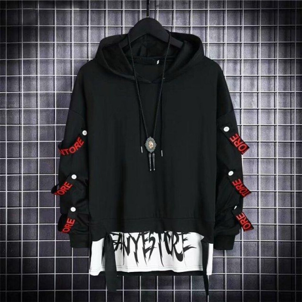 (black, L) Autumn Men&apos;s Hoodie Sweatshirt Casual Black Hoodies Tops Techwear Hip Hop Harajuku Patchwork Japanese Streetwear Men