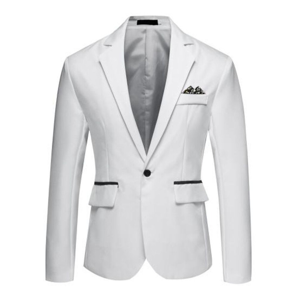 (white, 2XL) Autumn Men Slim Fit Suit Coat Lapel Long Sleeve Pockets Single Button Business Wedding Party Blazer Black White Stitching Suit Jacket