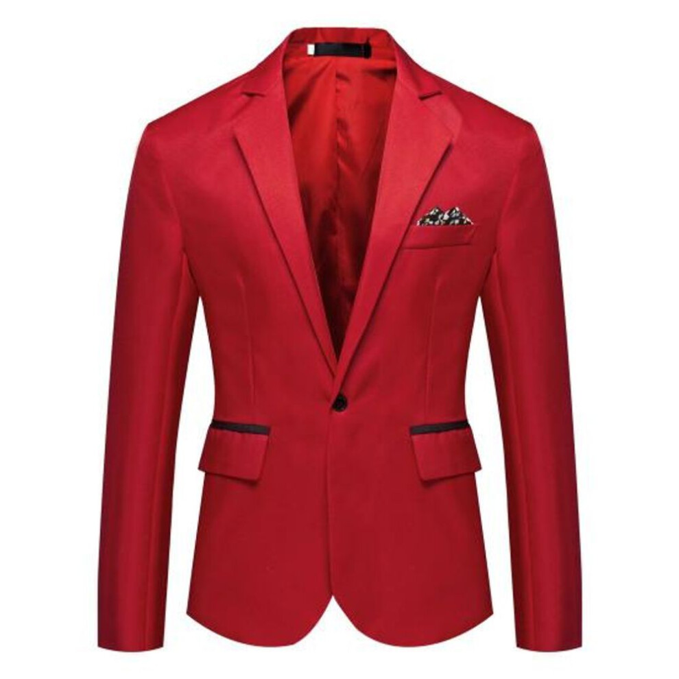 (red, L) Autumn Men Slim Fit Suit Coat Lapel Long Sleeve Pockets Single Button Business Wedding Party Blazer Black White Stitching Suit Jacket