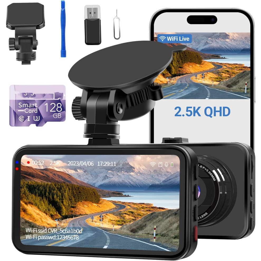 (A16w 2.5K Dash Cam Front Only With 128Gb Card) Dash Cam Wifi, Car Camera Dash Cam W/ 128Gb Card Dashcam 2.5K Qhd 1440P Dash Cam Front, Dash Cameras W 4069995510310