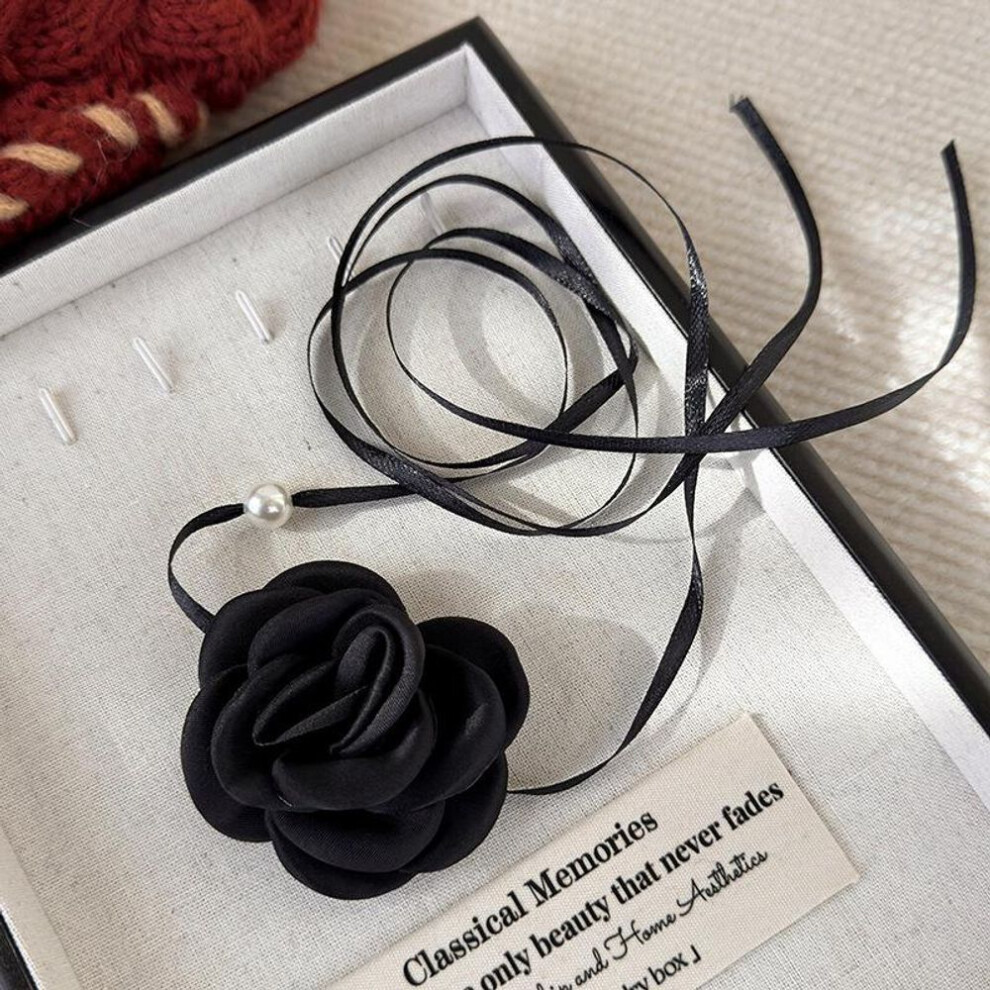 (black) French Vintage Rose Lace-up Necklace Lace-up Long Choker Collarbone Chain For Women