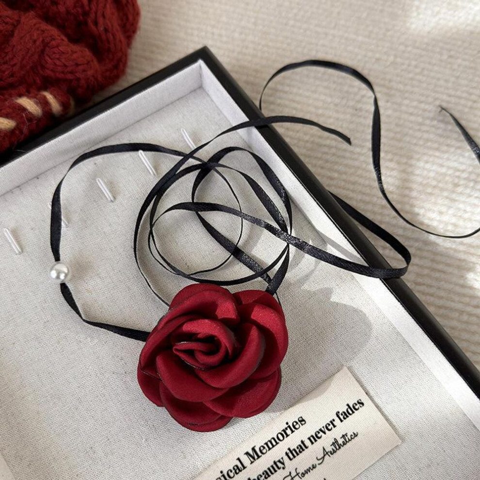 (red) French Vintage Rose Lace-up Necklace Lace-up Long Choker Collarbone Chain For Women