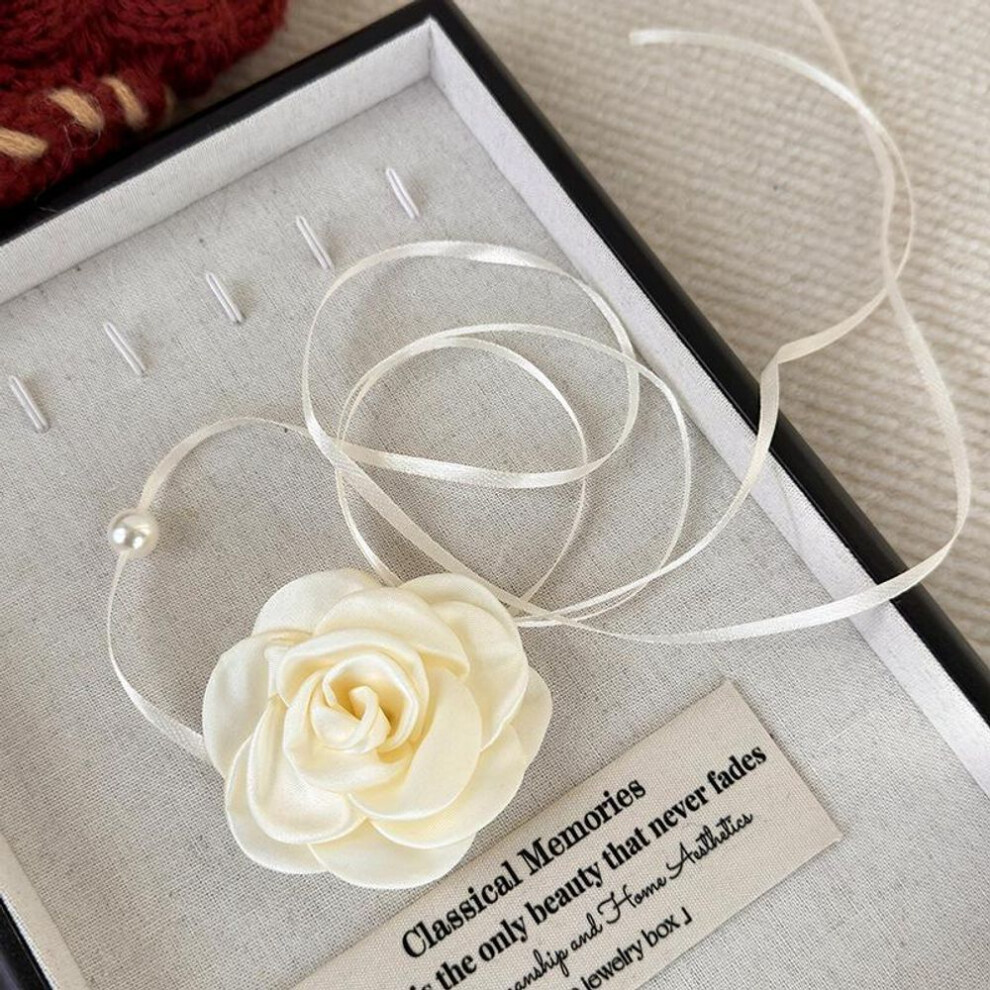 (beige) French vintage rose lace-up necklace lace-up long choker collarbone chain for women