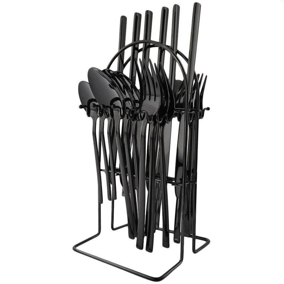 (24pcs+Rack - Black) 24pcs Rainbow Color Cutlery Set Knife Fork Spoon With Rack Dinnerware Set Stainless Steel Tableware Flatware Kitchen Silverware With Storage Holder