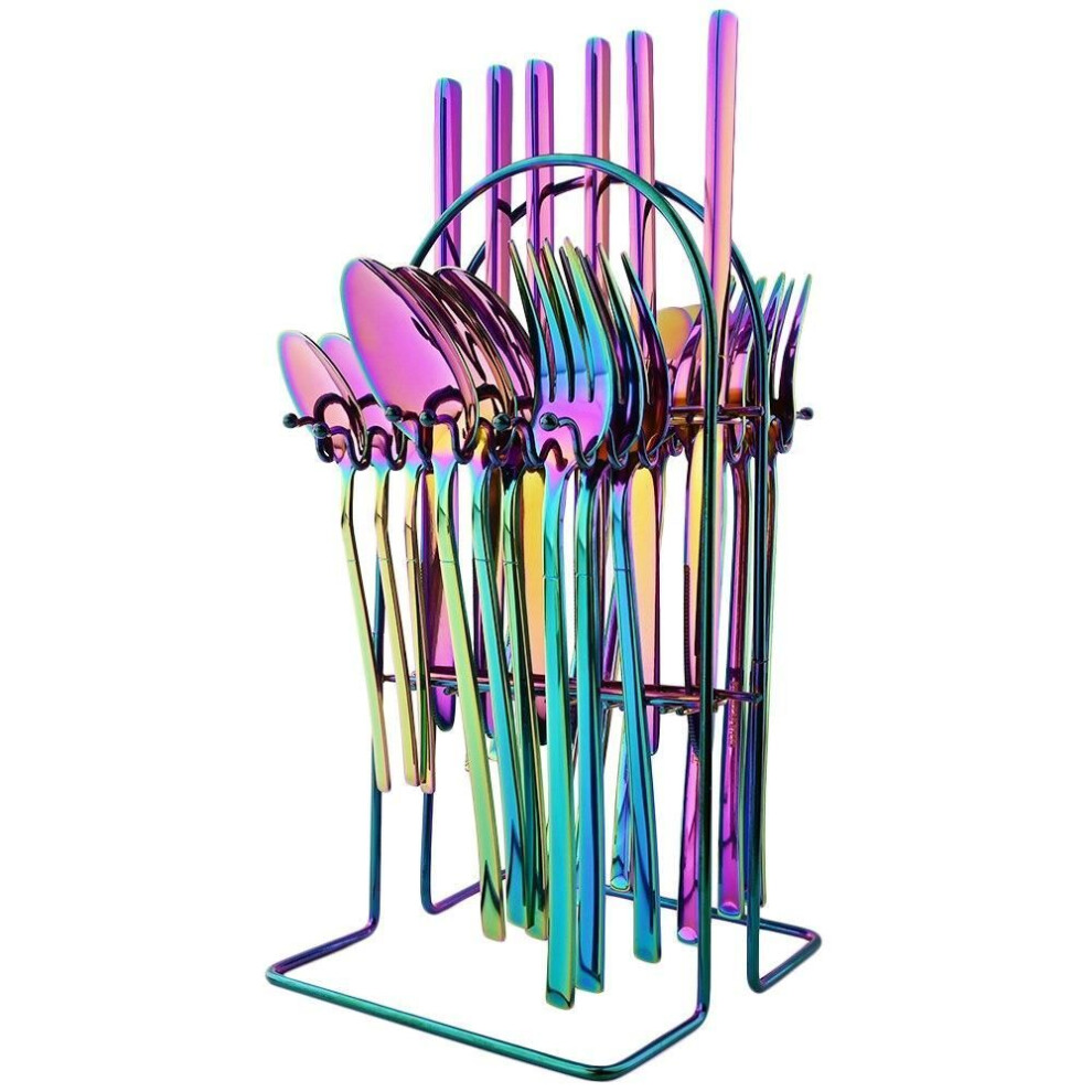 (24pcs+Rack - Rainbow) 24pcs Rainbow Color Cutlery Set Knife Fork Spoon With Rack Dinnerware Set Stainless Steel Tableware Flatware Kitchen Silverware With Storage Holder