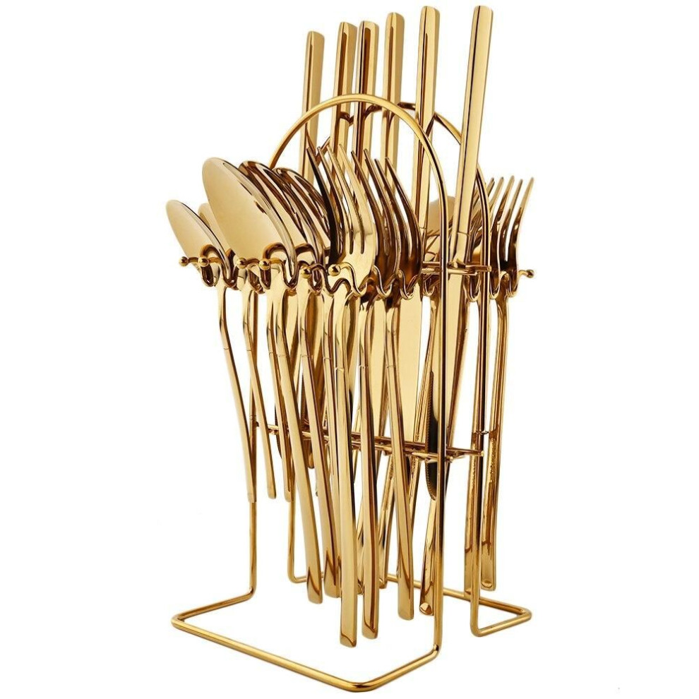 (24pcs+Rack - Gold) 24pcs Rainbow Color Cutlery Set Knife Fork Spoon With Rack Dinnerware Set Stainless Steel Tableware Flatware Kitchen Silverware With Storage Holder