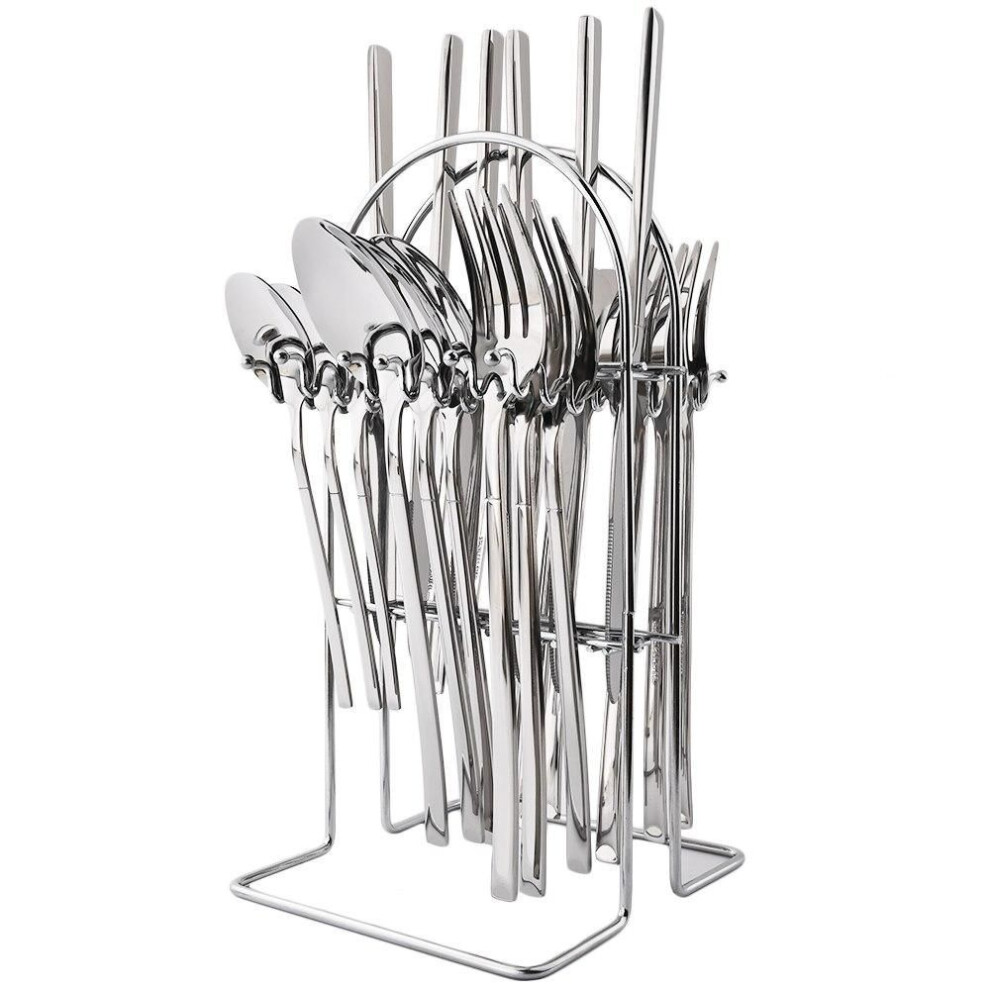 (24pcs+Rack - Silver) 24pcs Rainbow Color Cutlery Set Knife Fork Spoon With Rack Dinnerware Set Stainless Steel Tableware Flatware Kitchen Silverware With Storage Holder