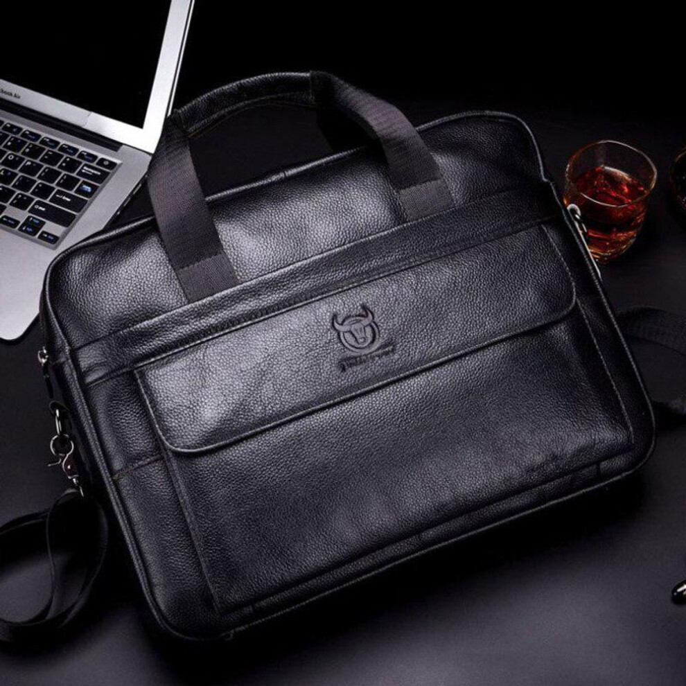 (black) Bullcaptain First Layer Cowhide Laptop Bag 14 Inch Shoulder Bag Business Briefcase Brand Handbag