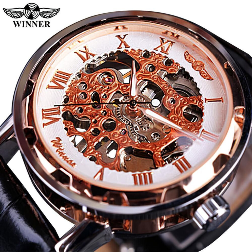 (white,rose gold) T-winner Men Relogios Skeleton Watches Brand Luxury Leather Strip Wrist Watch Men Mechanical Clock