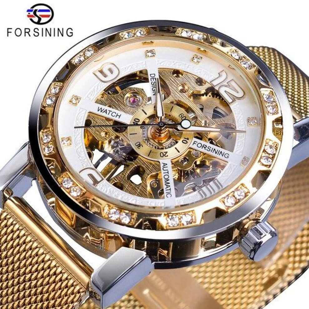 (white,gold) Forsining Golden Skeleton Mechanical Watch Stainless Steel Mesh Band Luminous Hand Men Watches Sport Business Wristwatch
