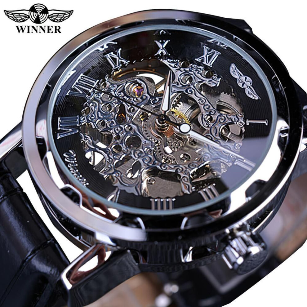(ivory) T-winner Men Relogios Skeleton Watches Brand Luxury Leather Strip Wrist Watch Men Mechanical Clock