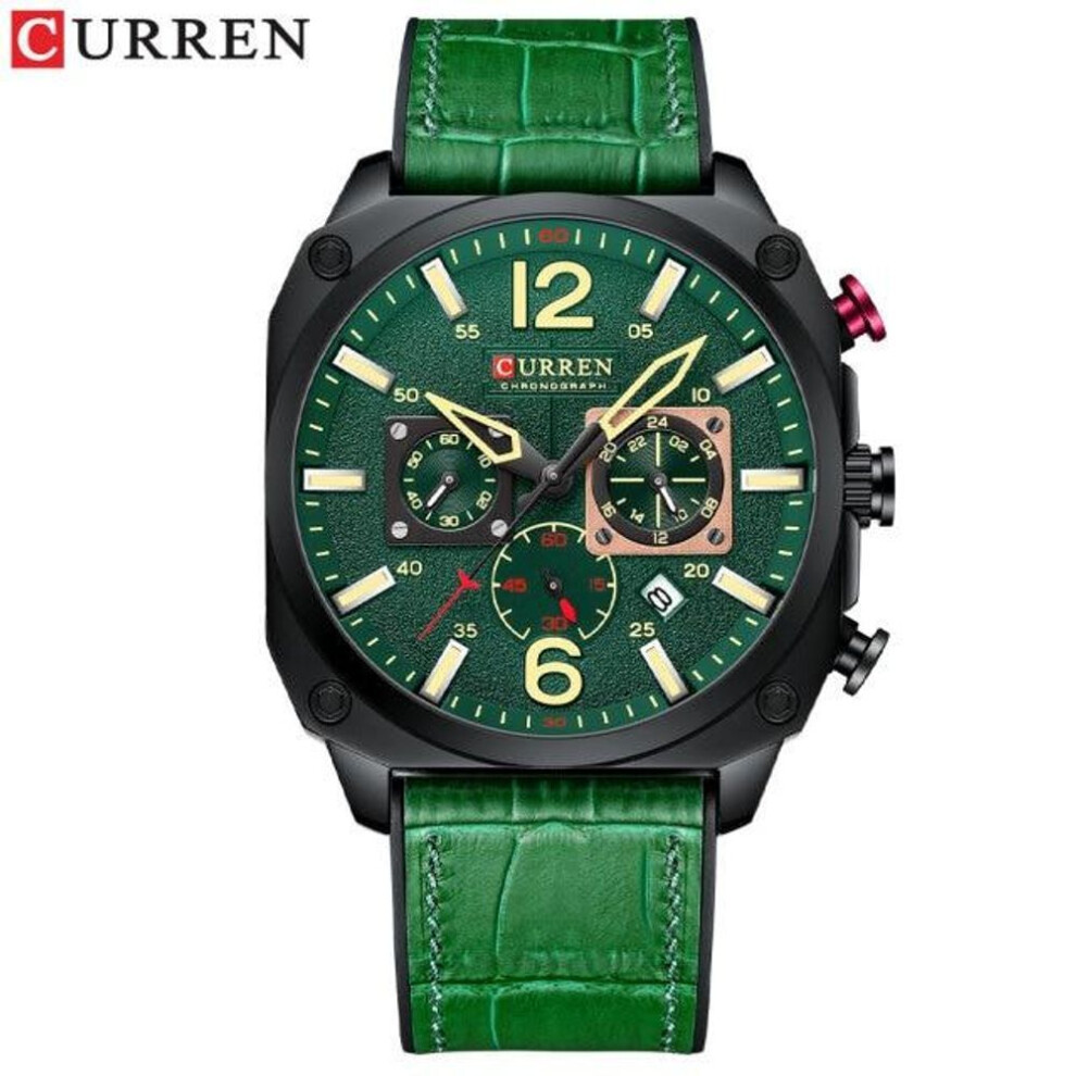(green) Curren Men&apos;s Top Brand Fashion Watch Casual Sports Leather Chronograph Quartz Wrsitwatches For Male Luminous Hands Clock 8398