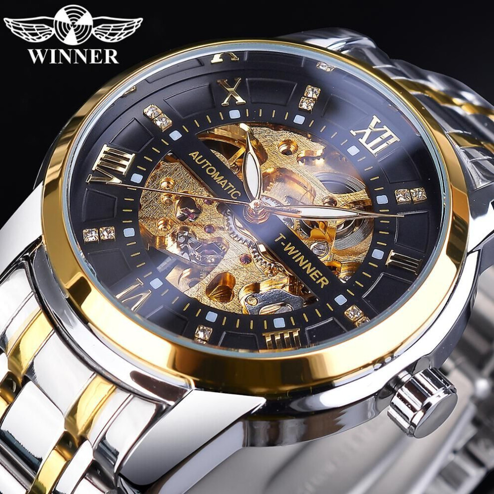 (gold) Winner Golden Black Diamond Dial Skeleton Stainless Steel Waterproof Luminous Hand Rome Number Men Automatic Mechanical Watch
