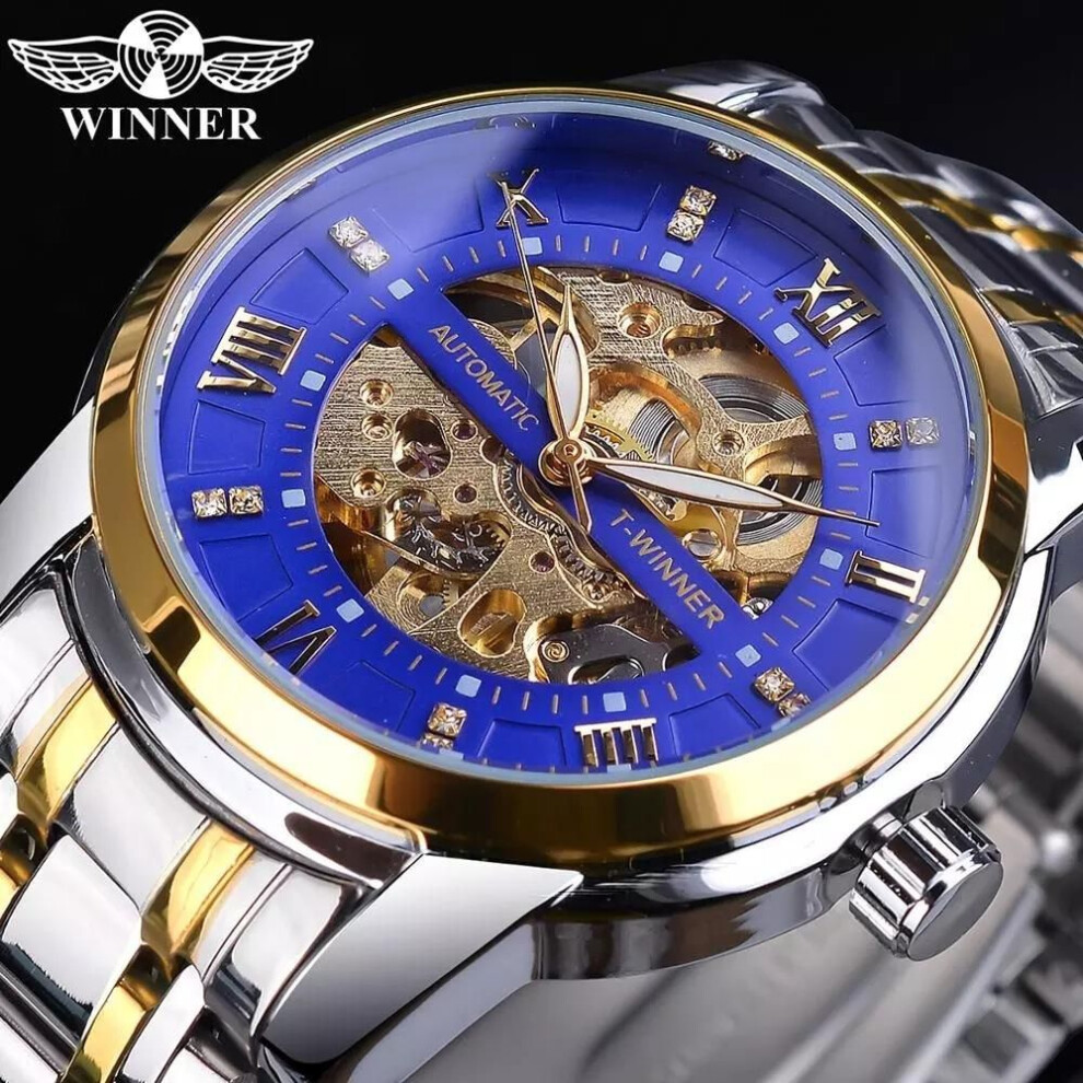 (blue) Winner Golden Black Diamond Dial Skeleton Stainless Steel Waterproof Luminous Hand Rome Number Men Automatic Mechanical Watch
