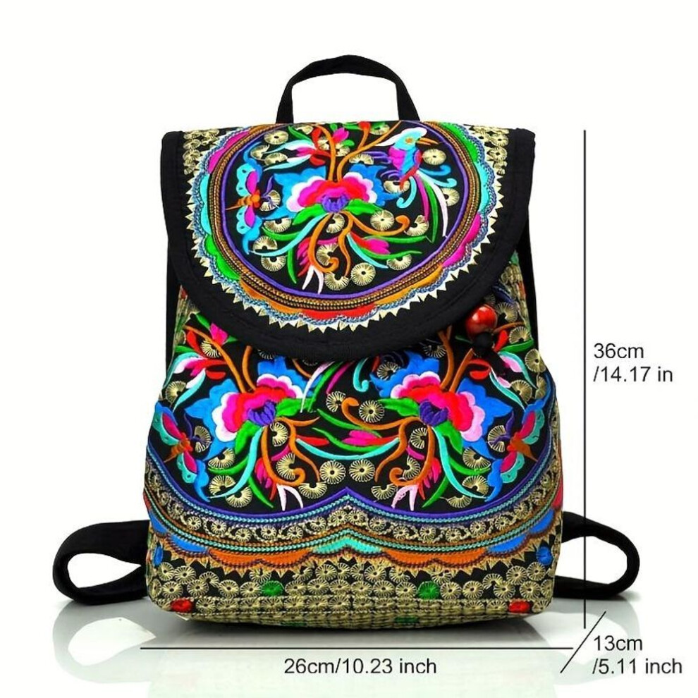 (black) Stylish Floral Embroidered Backpack, Women&apos;s Trendy Canvas Bookbag, Fashion Flap Travel Backpack