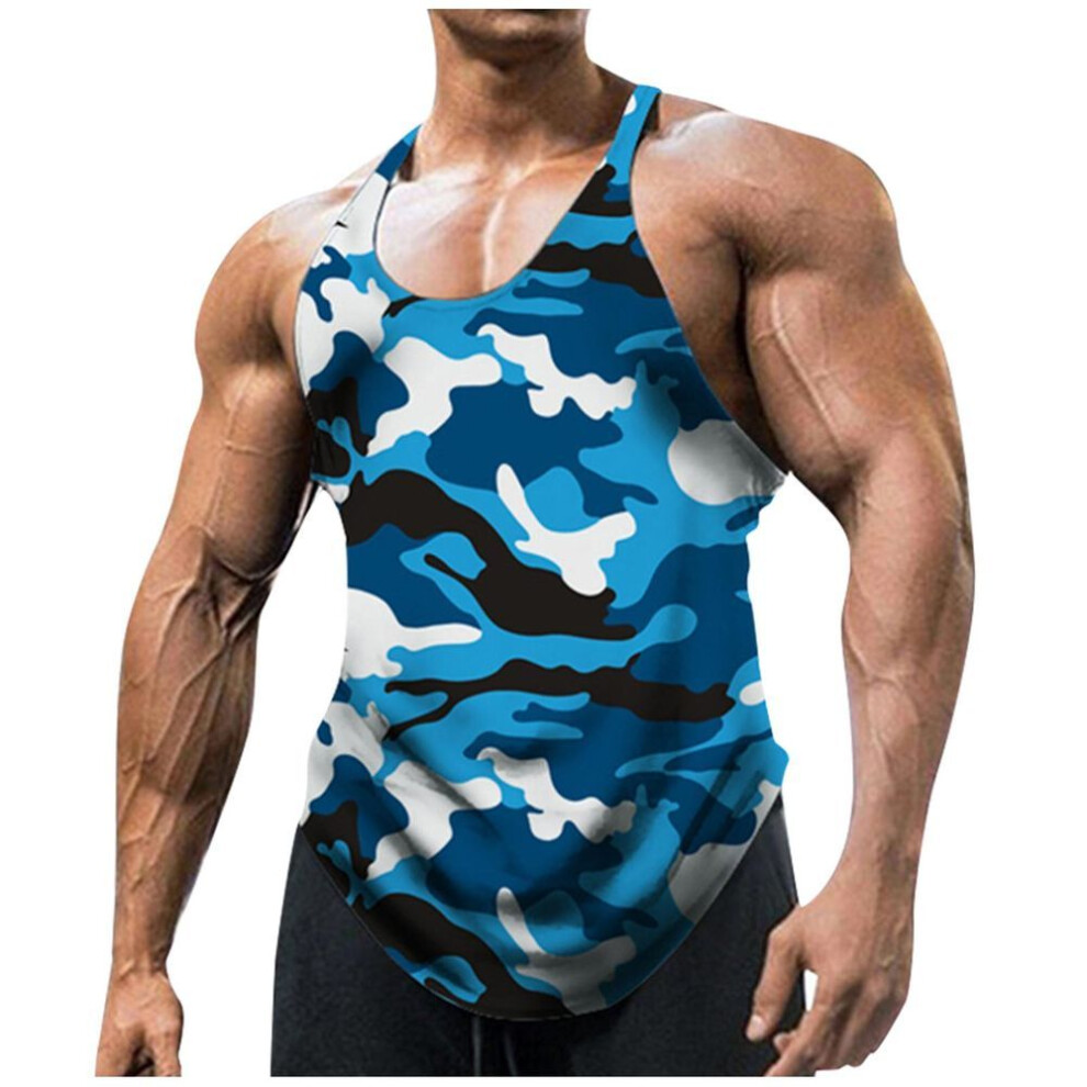 (light blue, L) Men&apos;s U-neck Sleeveless Camouflage Vest Outdoor Sports Fitness Top