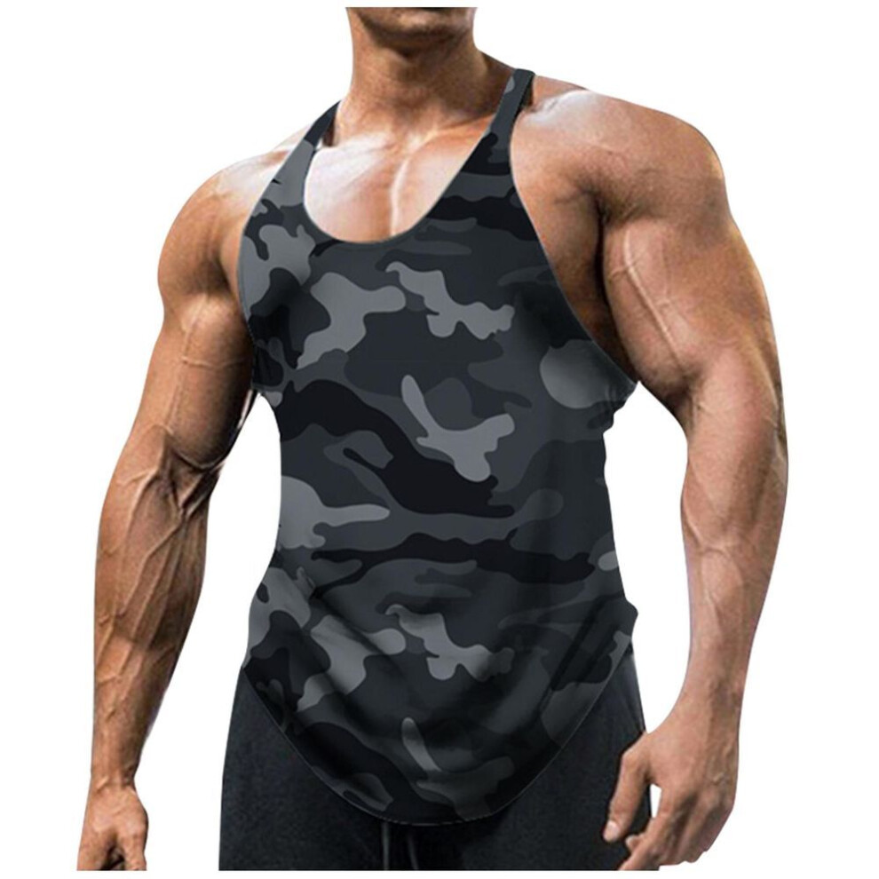 (dark gray, L) Men&apos;S U-Neck Sleeveless Camouflage Vest Outdoor Sports Fitness Top
