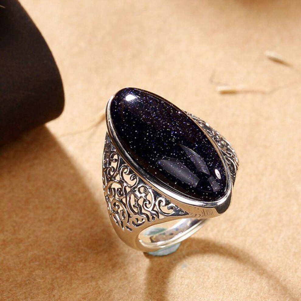 (black, 6) Rings Women Silver Plated Jewelry Vintage Blue Aventurine Hollow Elegant Finger Ring Gift