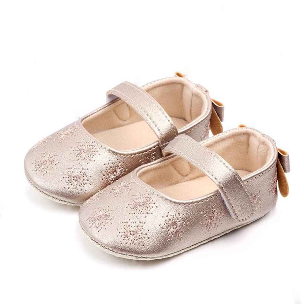 (gold, 6-12m) Cute Floral Baby Girl PU Leather Shoes Shallow Princess Shoe Indoor Toddler Shoes for Girls