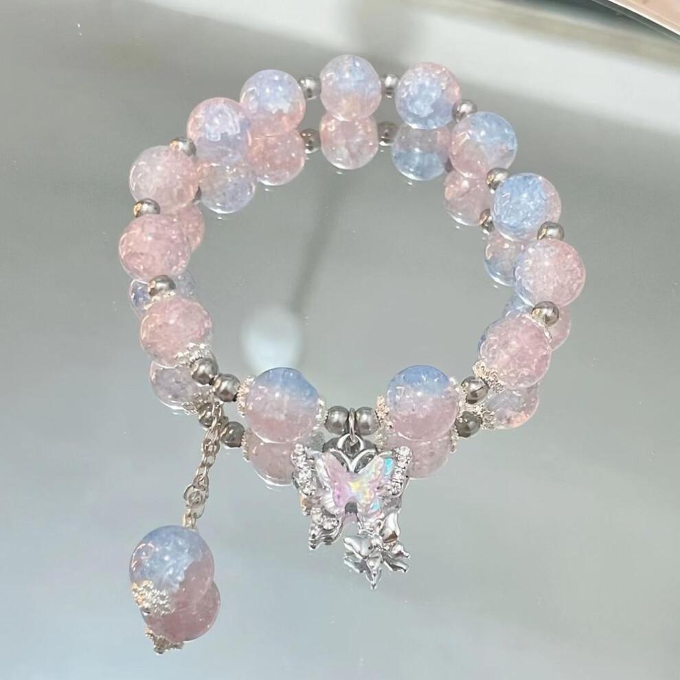 (pink) 1pc Fashionable And Charming Butterfly Glass Bead Bracelet, Women&apos;s Sweet And Versatile Colored Bead Bracelet