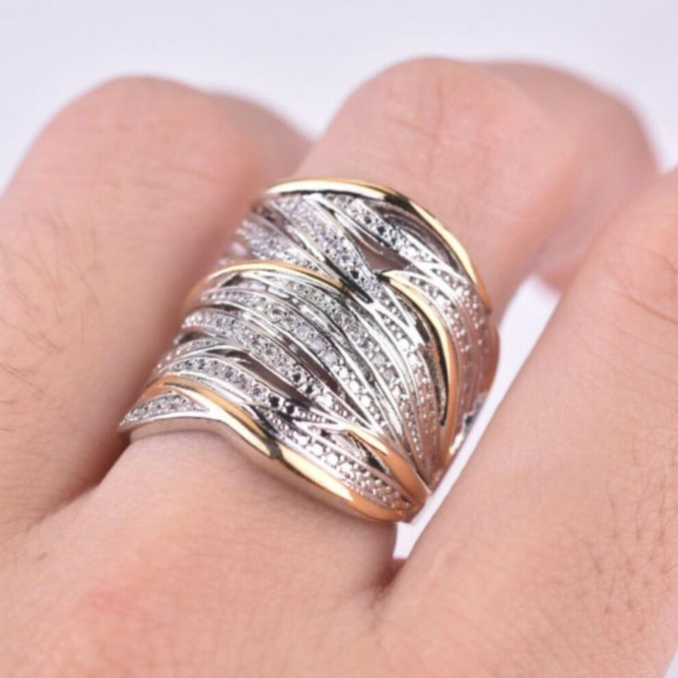 (silver,gold, 12) Elegant Women&apos;s Silver Color Ring Crossover Two-tone Yellow Gold Plated Bride Engagement Wedding Band Rings