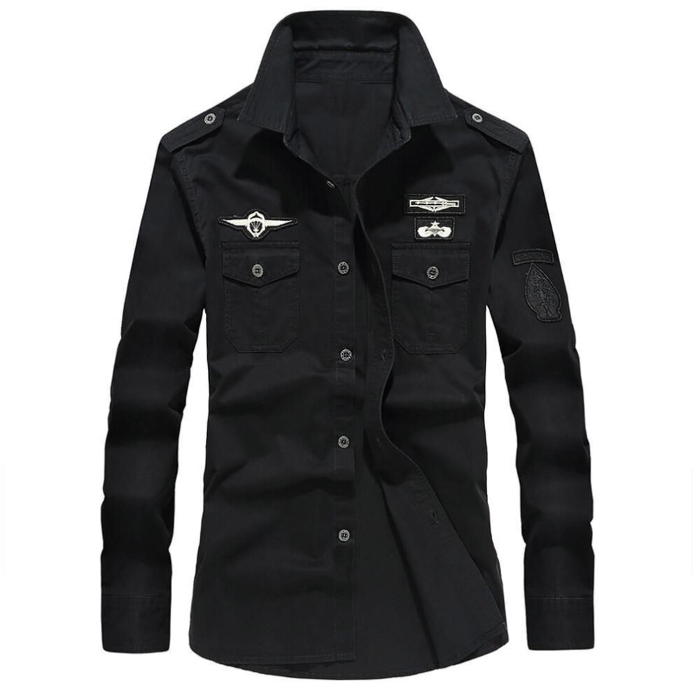 (black, XL) Autumn Mens Casual Military Cargo Top Long Dress Shirt Sleeve Slim Button Blouse