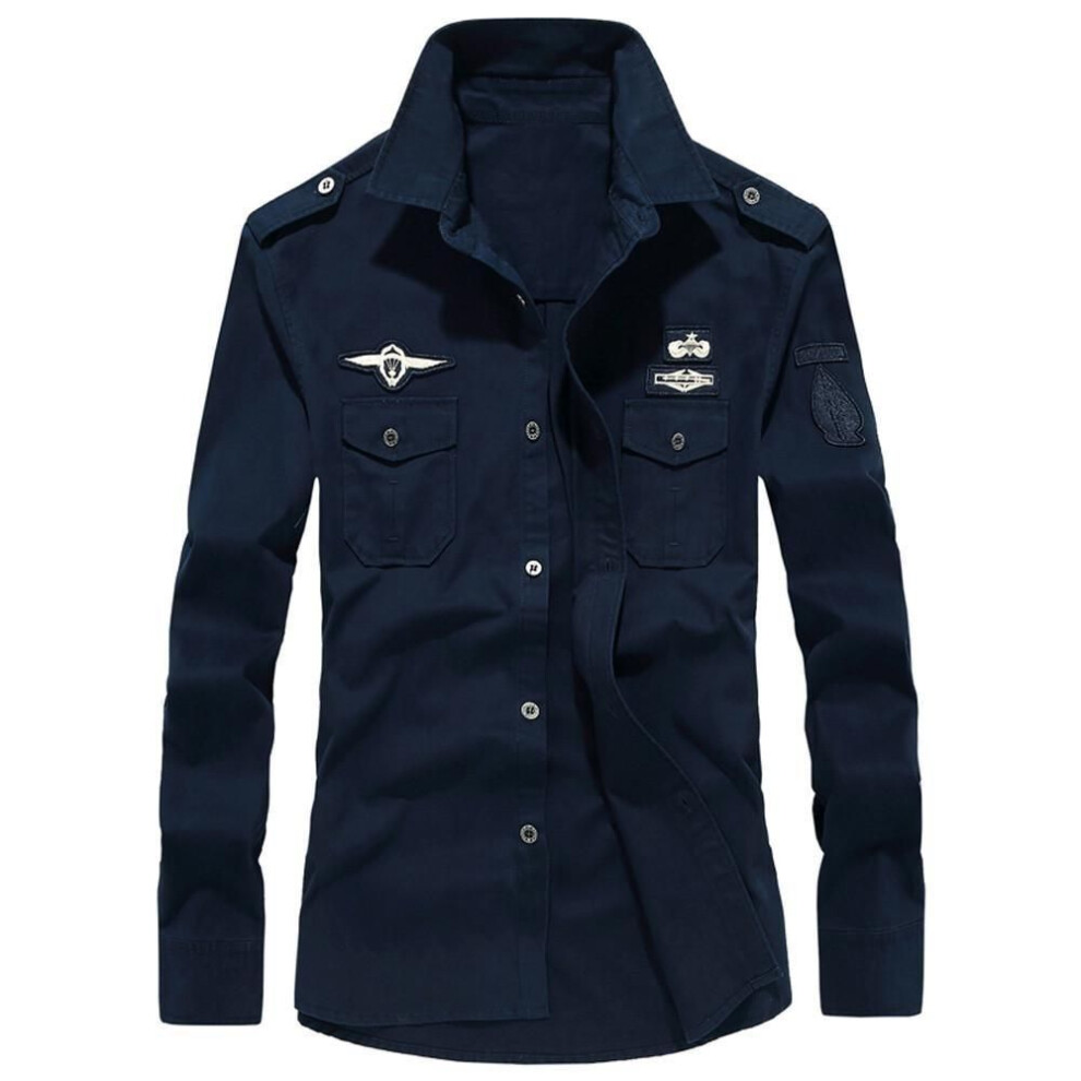 (navy, 6XL) Autumn Mens Casual Military Cargo Top Long Dress Shirt Sleeve Slim Button Blouse