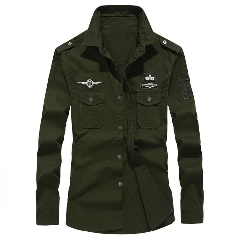 (army green, 3XL) Autumn Mens Casual Military Cargo Top Long Dress Shirt Sleeve Slim Button Blouse