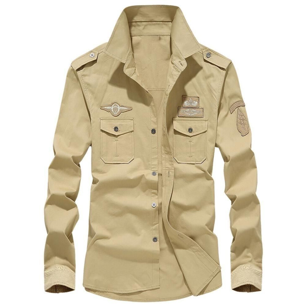 (khaki, 2XL) Autumn Mens Casual Military Cargo Top Long Dress Shirt Sleeve Slim Button Blouse