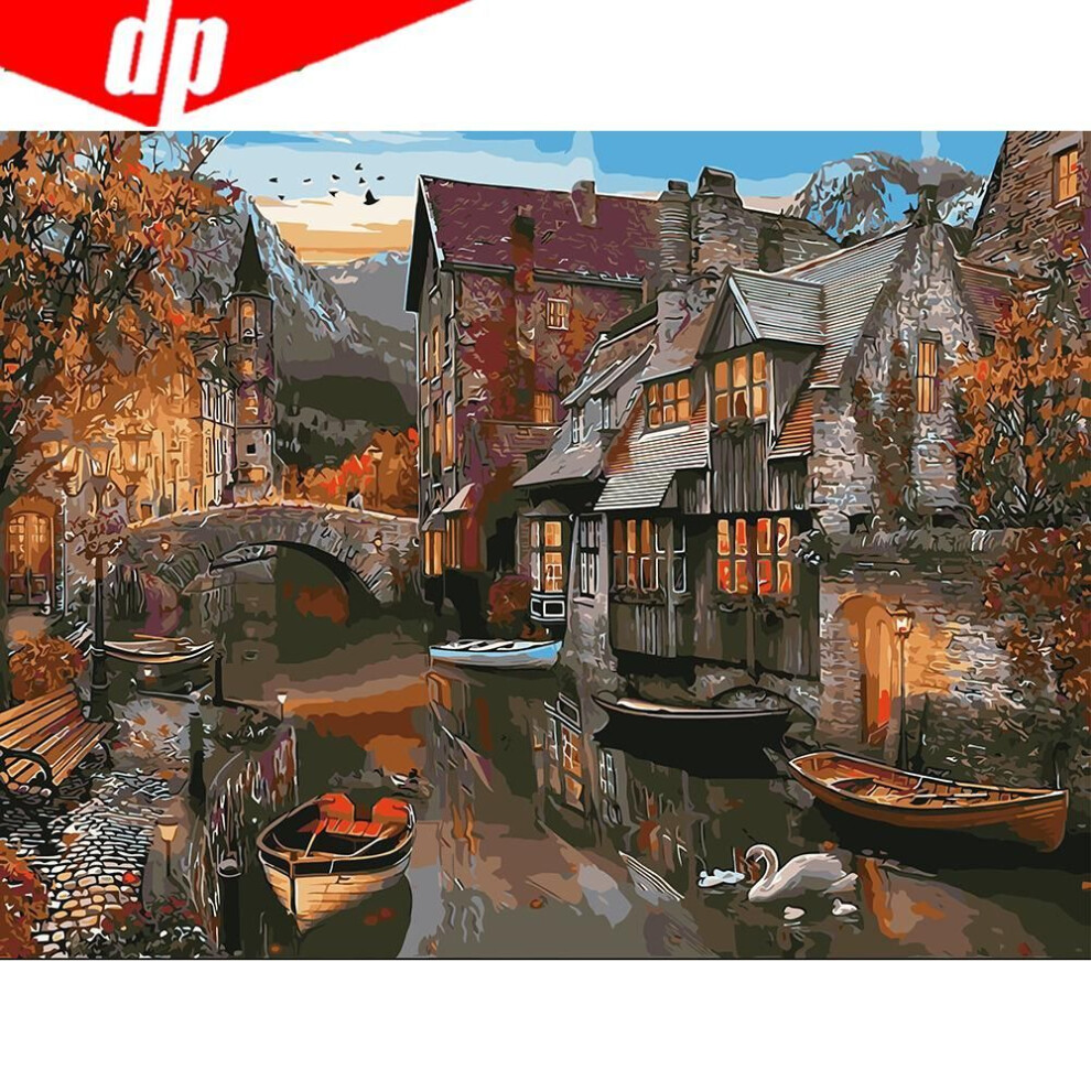 (40X50CM) Small Town Scenery Paint Canvas Hand Painted Wall Art Landscape Oil Pictures By Numbers Gift