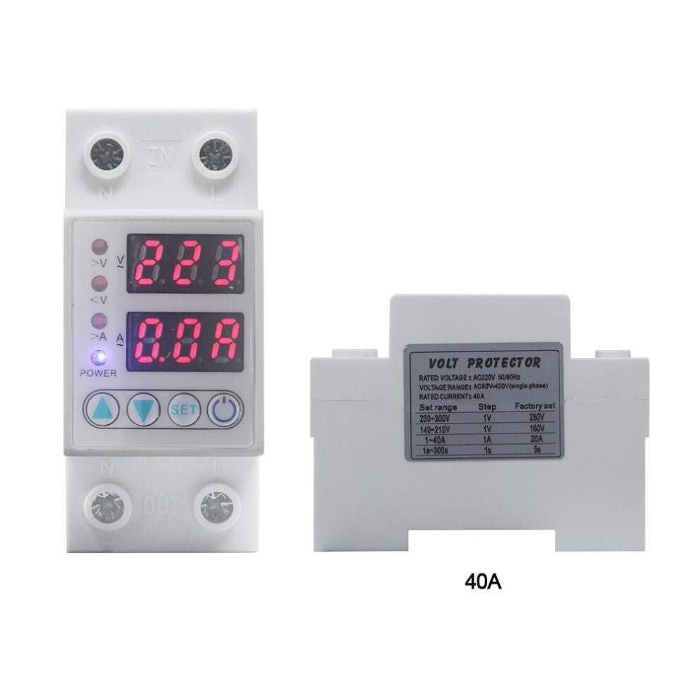 (40A) 63a/40a 220v Din Rail Adjustable Over Under Voltage Protector Relay Voltmeter Ammeter Ac