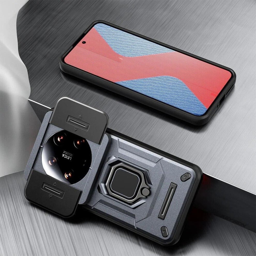 (gray, for Xiaomi 14 Ultra) KEYSION Shockproof Case for Xiaomi 14 Ultra 5G 14 Pro 5G Slide Camera Lens Protection Ring Stand Phone Back Cover for Redmi A3