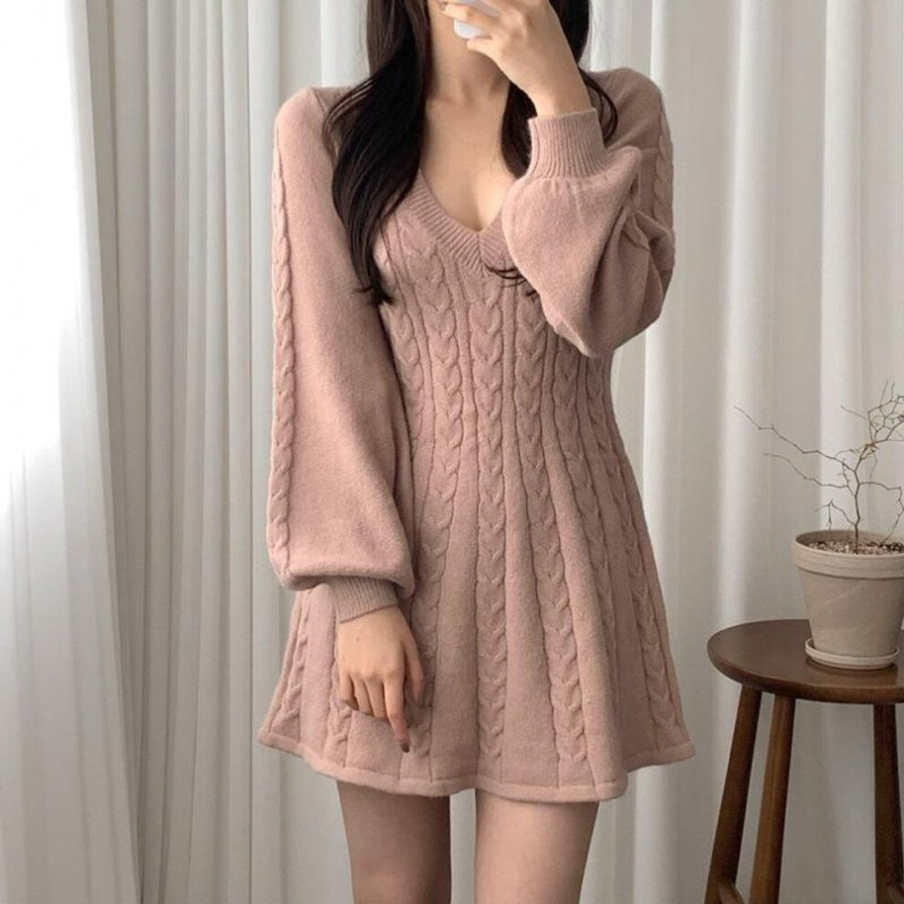 (pink, L) Knit Knitted Sweater Mini Dress Women Casual Lantern Sleeve Short Dresses Autumn Winter V Neck Outfits Female