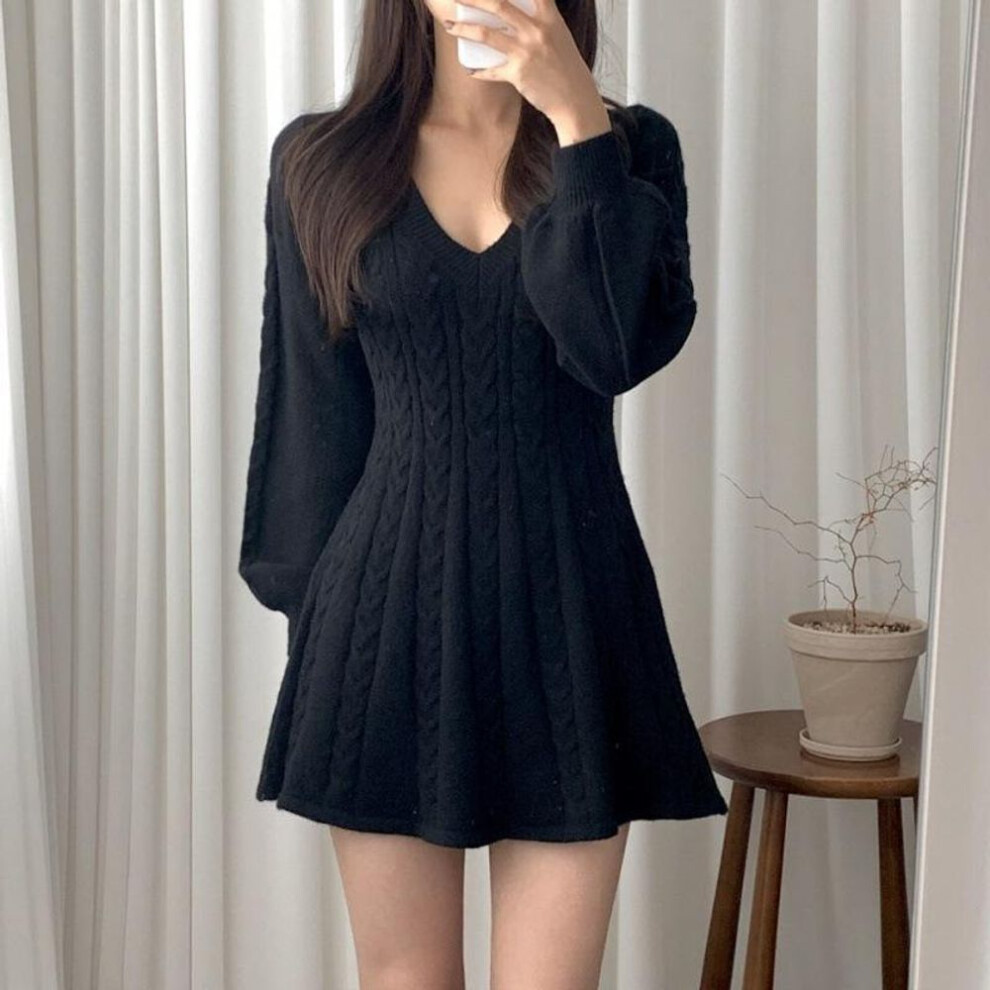 (black, XS) Knit Knitted Sweater Mini Dress Women Casual Lantern Sleeve Short Dresses Autumn Winter V Neck Outfits Female