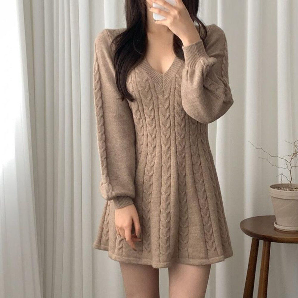 (khaki, XS) Knit Knitted Sweater Mini Dress Women Casual Lantern Sleeve Short Dresses Autumn Winter V Neck Outfits Female