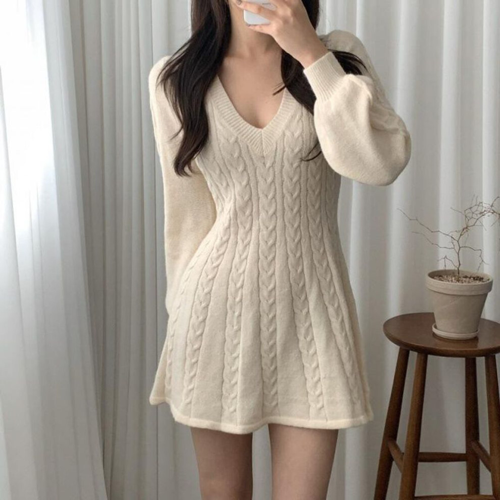 (white, XS) Knit Knitted Sweater Mini Dress Women Casual Lantern Sleeve Short Dresses Autumn Winter V Neck Outfits Female