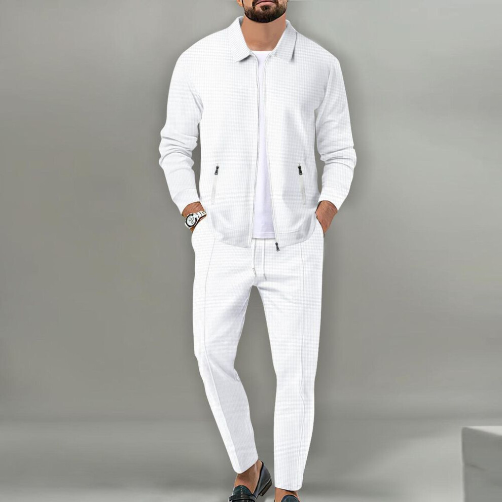 (white, M) Men&apos;s Casual Suit Long Sleeve Top And Pants Stylish Solid Color High Quality Suit Plus Size