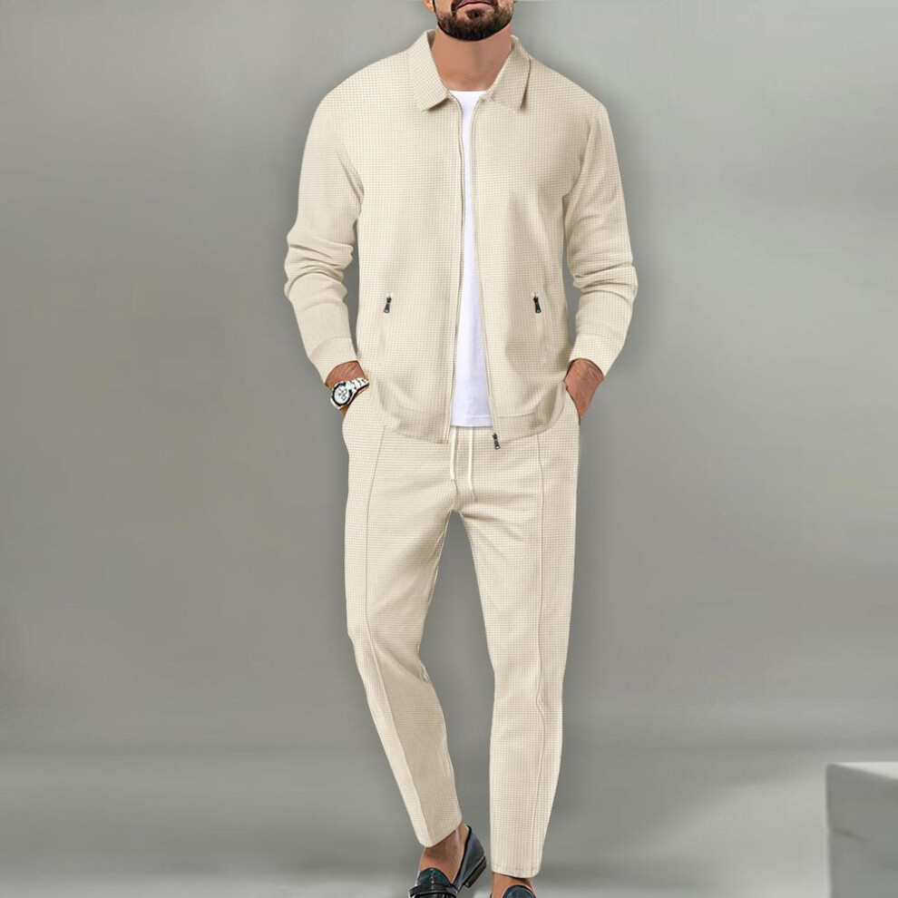 (khaki, M) Men&apos;s Casual Suit Long Sleeve Top and Pants Stylish Solid Color High Quality Suit Plus Size