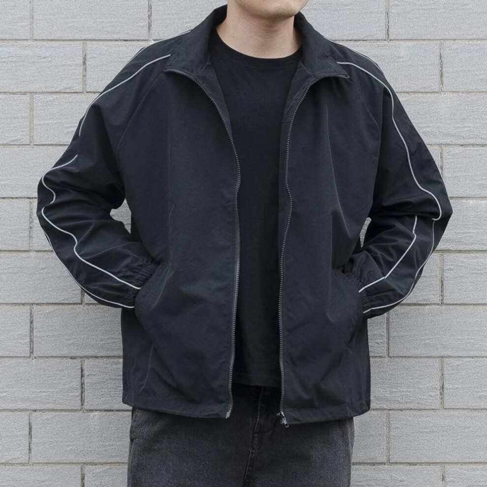 (black, XS) Jackets Men Autumn Pockets Casual Patchwork Loose Windbreaker Stripe Zipper Stand Collar Waterproof Outdoor Sports Bomber Jacket Plus Size