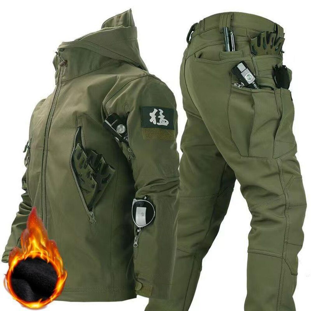 (green, XS) Men&apos;s Winter Autumn Fleece Jackets Tactical Waterproof Suits Outdoor Fishing Hiking Camping Tracksuits Coats Thermal Pants